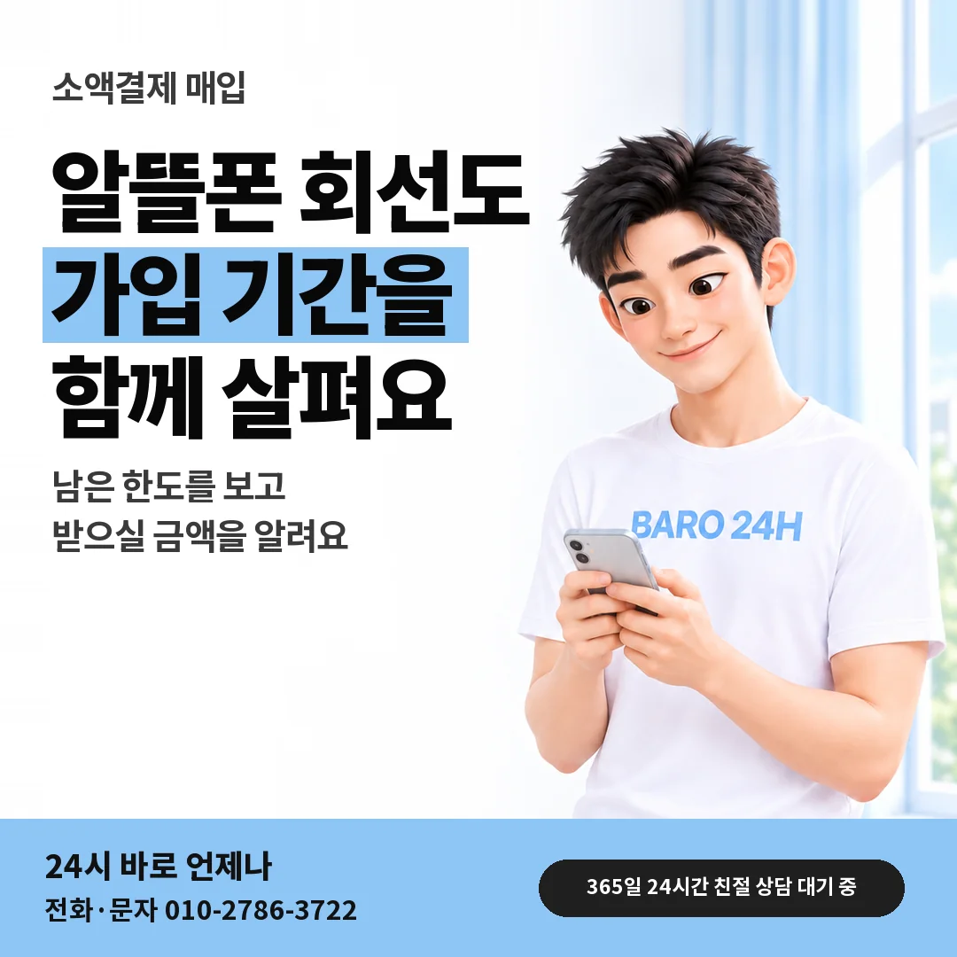 BARO 24H 티셔츠를 입은 3D 인물 옆에 「소액결제 매입 가입 기간 안내」 제목을 얹은 안내 카드