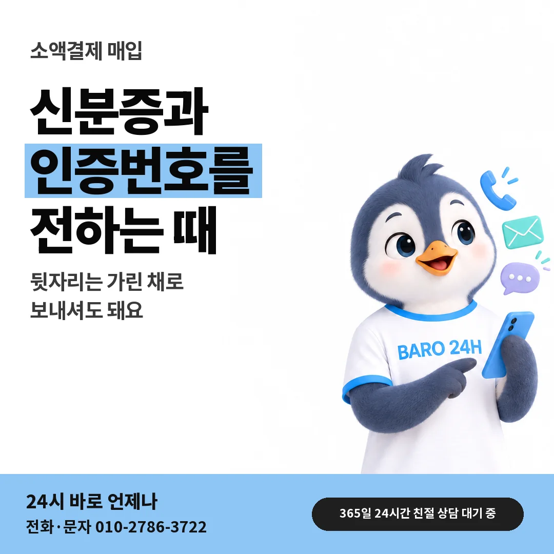 BARO 24H 티셔츠를 입은 3D 동물 캐릭터 옆에 「명의와 인증 차례」 제목을 얹은 안내 카드